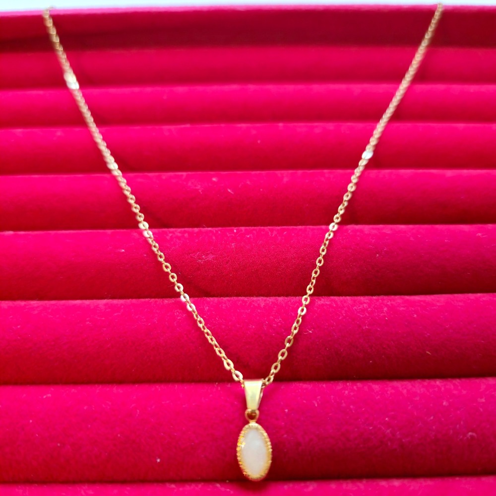 Gold Plated Stainless Steel Oval Pendant Necklace White Inlay 16-18 inch Chain